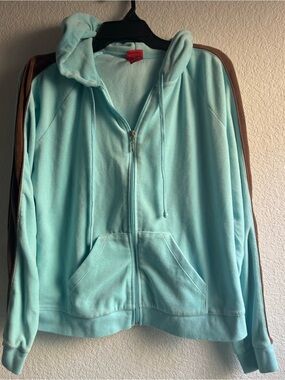 Mossimo Aqua Zip-Up Hoodie Brown Side Stripes Velevty Soft with pockets XL